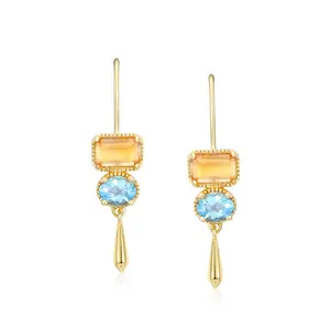 Verse 925 Sterling Zilver Gold Plated Dangle Geel Crystal Blue Topaz Drop Oorringen