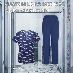 Customized Logo Factory Medical Uniform Unisex <b>Scrub</b> <b>Tops</b> 100% Cotton Twill Nurse Hospital Printed <b>Scrubs</b> Shirt Set - Product Image 2