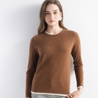 Pull en cachemire tricoté à col rond pour femme, ensemble deux pièces en maille, pull à manches longues avec col et poignets côtelés contrastants