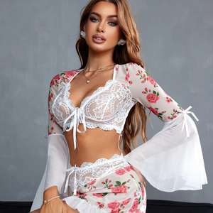 Lingerie sexy : Soutien-gorge brodé en dentelle blanche pure à imprimé roses rustiques, à manches longues et volants, et Robes - Product Image 2