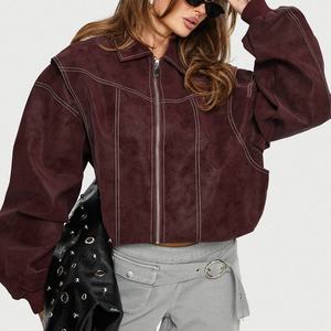 Veste en cuir rouge vintage à fermeture éclair pour femme, collection automne-hiver 2025, style décontracté, avec patchwork et revers, manches longues, manteau tendance OEM - Product Image 1