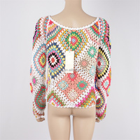 Haut de plage en crochet fait main JR Custom, style vintage, color block, col rond, manches longues, respirant, ajouré, avec cordon de serrage