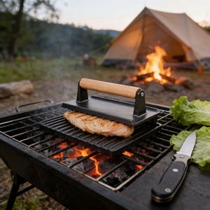 ที่กดเนื้อย่างบาร์บีคิวเหล็กหล่อทรงสี่เหลี่ยมลายสก็อต ไม่มีสารเคลือบผิว ด้ามจับไม้บีช ทำความสะอาดง่าย สำหรับสเต็กและ<span class=keywords><strong>หมู</strong></span>ย่าง - Product Image 4