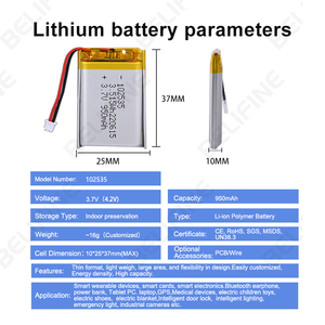 공장 직영 102535 리포 배터리 <span class=keywords><strong>3.7V</strong></span> 리튬 폴리머 배터리 950mAh 셀 장난감용 충전식 102535 배터리 <span class=keywords><strong>650mAh</strong></span> 950mAh - Product Image 5