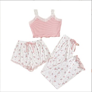 Ensemble de vêtements de maison transfrontalier européen et américain, haut de pyjama sexy en dentelle côtelée, pantalon court et long, pyjama pour femmes - Product Image 5