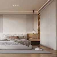 Armoire HAIYUE avec étagères ouvertes intégrées, palette de tons neutres, bois d'ingrédients naturels, niches éclairées par LED, design hybride fermé et ouvert, pour chambre moderne