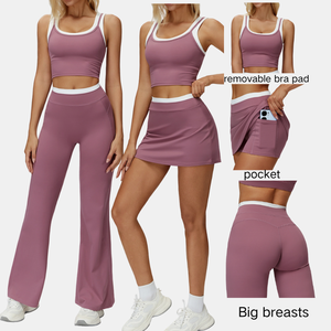Ensemble de cinq pièces pour femmes, haut sans manches rembourré à blocs de couleur, jupe trapèze, shorts, leggings slim, pantalon large, yoga - Product Image 3