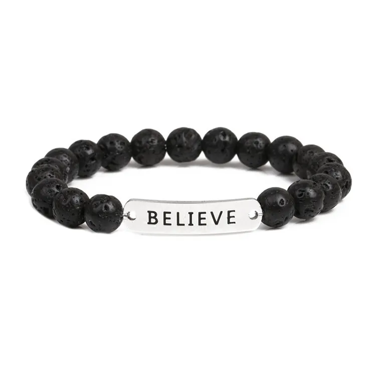 Bijoux à la mode barre personnalisée Bracelet gravé meilleure vente lave pierre naturelle perle élastique corde Bracelet tressé pour hommes femmes