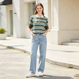 Chemisier Femme Tricoté à Manches Courtes Style Rétro Preppy Color Block Rayé avec Poignets Contrastants pour Pique-nique Estival et Quotidien sur le Campus - Product Image 2