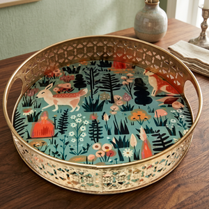Plateau de service en métal doré avec motif floral forestier et poignées pour usage résidentiel - Product Image 3