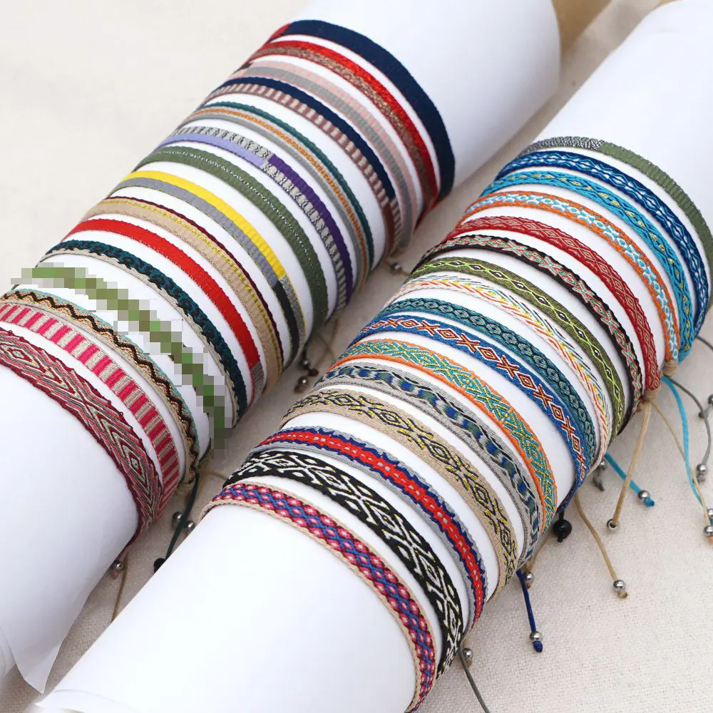 Pulseira de corda trançada ajustável para mulheres, pulseira de algodão Boho de tecido Boêmio para praia, feita à mão, 2024