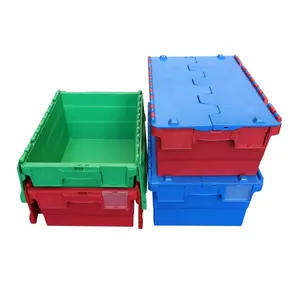 QS 60l Nested Plastic Crates Ttached Lid Tote Box Container Wholesale Nestable Storage Crate for Logistic Transport Household