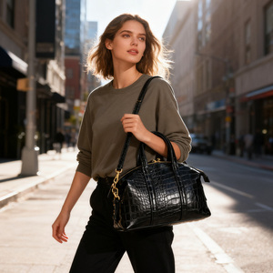 Sac fourre-tout unisexe de luxe SEMIA en cuir PU avec doublure en coton, durable, imperméable, fermeture éclair perlée, motif alligator - Product Image 2