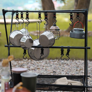 Support de rangement de camping en aluminium pour l'extérieur, porte-vaisselle multifonctionnel avec crochets et étagère en maille pour usage extérieur - Product Image 5