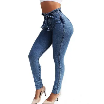 women Slim Fit Elastic Tassel Belt High Waist Jeans