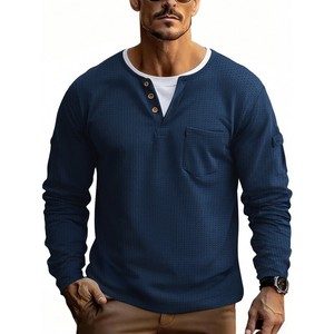 Camiseta Henley de Manga Larga para Hombre, Talla Grande, Texturizada, Lisa, Informal, con Bolsillo en el Pecho, para Otoño e Invierno - Product Image 3