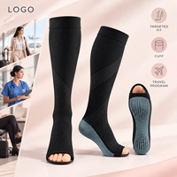 Chaussettes de compression à compression graduée pour mollets, noires, avec tableau de tailles, manchette plus large, bout plat, composition du tissu, instructions d'entretien et emballage