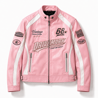 Blouson en cuir de course personnalisé pour homme, rose, style pilote, avec rayures blanches et drapeau à carreaux, patch chenille, fabrication OEM, marque privée