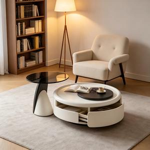 Creamy Minimalist Coffee <b>Table</b> & Side Set Black-White Contrast Rotating Tray Eco-Friendly Living Room Furniture - Product Image 2