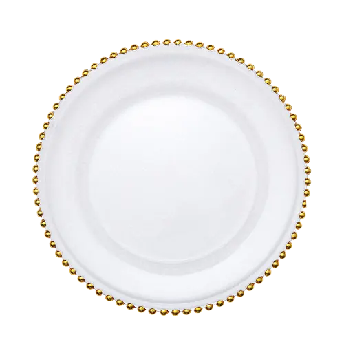 7.5 inch white gold beaded rim pearl clear-plastic-charger-plates-with-gold-beads wedding plastic gold charger plate
