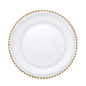 Wedding Plastic Plate 7.5 Inch White Gold Beaded Rim Pearl Clear-plastic-charger-plates-with-gold-beads Wedding Plastic Gold Charger Plate