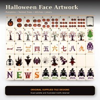 Juego de Mahjong Americano de Halloween con Caras Ilustradas, Reverso de Telaraña Negro Mate y Construcción Acrílica de 3 Capas