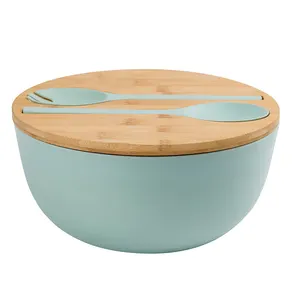 Bamboo Fiber Salad Bowl Set Large Capacity With 2 Wooden Spoons Multifunctional Wooden Cover clean design
