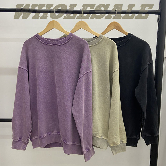 Custom logo Vintage French Terry 100% Cotton 350gsm Oversized Blank Streetwear Distressed Pullover Acid Wash Sweatshirt for Men