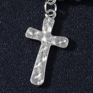 Hammered Cross Leather Cord Necklace Tibetan <b>Silver</b> <b>Beaded</b> Clavicle Chain Women's Jewelry Gift 56.5cm 8.7g - Product Image 2