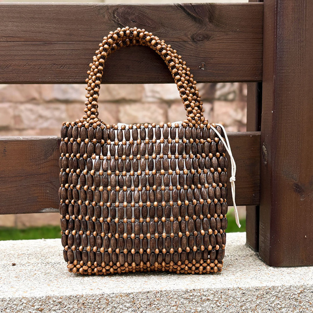 New Korean Design Handmade Woven Women Bag Fashion Handcrafted Natural Wood Beading Bag High-quality Wooden Bead Women Handbag