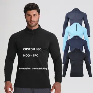 La fabricación de los hombres de manga larga zip 1/4 deportes camisas gymwear poliéster fitness quater cremallera blanco camisas para hombres