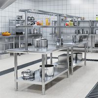 Buffet commercial en acier inoxydable Table de préparation des aliments avec étagère supérieure Double pont Restaurant banc de travail avec sous étagère usine