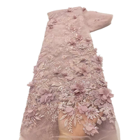NI.AI kain renda bunga elegan kain renda payet manik-manik pernikahan 3D bunga mutiara renda kain poliester untuk pengantin