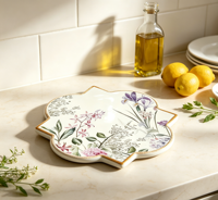 Sous-plat en céramique à motif floral personnalisé, forme irrégulière en trèfle à quatre feuilles, résistant à la chaleur, protection de table à imprimé botanique vintage