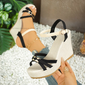 Women European and American Style Wedge Sandals Fabric Summer New Large Platform Thick Sole Color <b>Block</b> Roman Sandals - Product Image 2