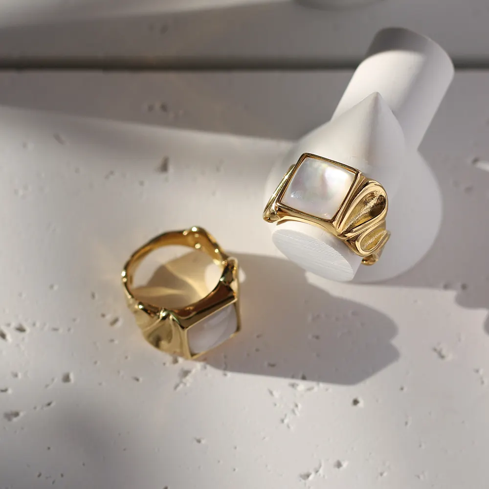 Moge anel feminino, joias vintage 12mm retrô 18k aço inoxidável banhado a ouro grande anel quadrado