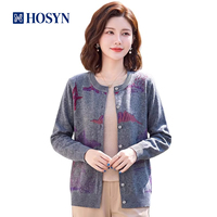 Cardigan en laine 100% tricoté sur mesure, pull jacquard à col rond pour femmes avec broderie de motifs. OEM/ODM disponible.