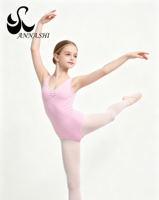 Justaucorps de ballet pour fille, rose pâle, en nylon et élasthanne, col en V, poitrine froncée, pour la gymnastique et la danse
