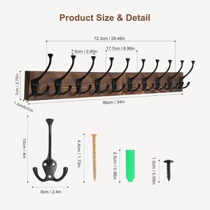 Wooden Coat Rack With 10 Hooks 86cm Wall Mounted <b>Clothes</b> Organizer Durable <b>Storage</b> Rack For Wardrobe Closet Door Hook - Product Image 1