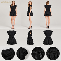 Robe Courte Noire Femme à Manches Volantes, Volants Superposés, Bordure en Dentelle, Ceinture à Nœud, pour Soirée, Personnalisable, OEM, Vente en Gros