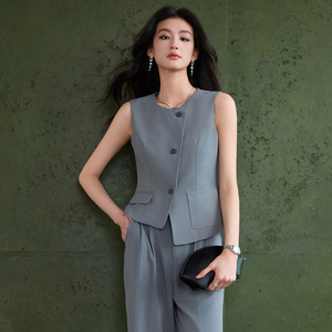 Women's Sleeveless Vest Set Gray Solid Color Asymmetry Summer Spring Casual Suit Leisure Wear - Product Image 1