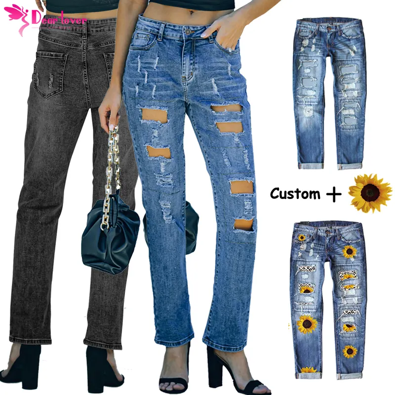 Dear-Lover OEM ODM Custom Logo Blank Printed Jeans Mujer High Quality Ladies Designer Blue Ripped Distressed Women Denim Jeans