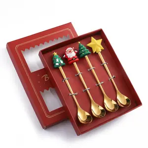 4pc 6pcs Talheres Golden Spoon Set Natal Coffee Spoon Ouro Aço Inoxidável Metal Food Grade Natal gift spoon set