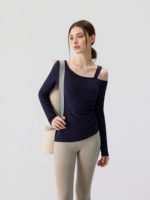 Servicio de Diseño de Alta Calidad, Ropa de Yoga para Mujer, Cuello Redondo con Manga Larga, Transpirable, Top Deportivo Sólido para Yoga