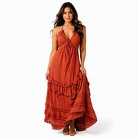 Robe longue bohème pour femme, col halter, dos nu, en gaze froissée, à volants superposés, fluide, pour l'été, la plage et les vacances