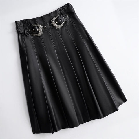 3354 Fashion High Quality Elegant A-Line High Waist Black Pleated Womens Real Leather Skirt With Belt
