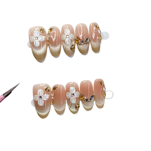 Uñas Postizas Hechas a Mano con Diseño de Ojo de Gato en Champán Dorado, Degradado Marrón Brillante y Diamantes en Forma de Gota de Agua, Estilo Erótico y Pétalos <span class=keywords><strong>Moonshadow</strong></span> - Product Image 1