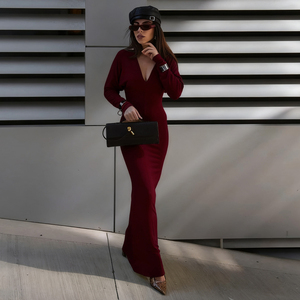 คอวีหรูหรา สีพื้น แขนยาว ชุดเดรสแม็กซี่ทรงเมอร์เมด ชุดปาร์ตี้ ชุดคลับแวร์ ทรงเข้ารูป สง่างาม ลำลอง ฤดูใบไม้ผลิ ฤดูใบไม้ร่วง - Product Image 4