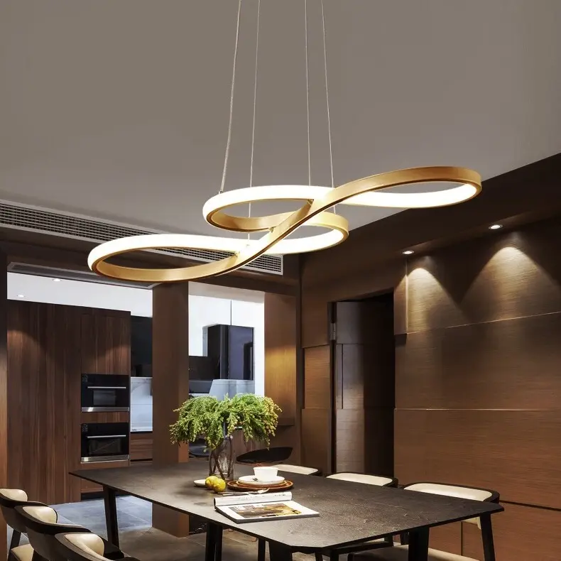 Lampu gantung Led, lampu gantung gantung aluminium emas melengkung linier dapur dalam ruangan restoran Modern baru 2024