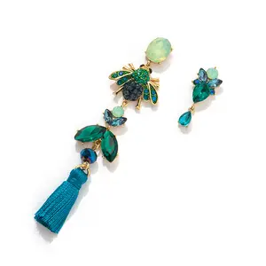 European Exaggerate Lovely Gold Green Gemstone Bee Earrings 925 Silver Needle Long Tassel Pendant Rhinestone Earrings Women